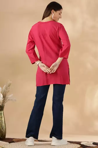 Chickenkari embroidered thread work cotton straight short kurta