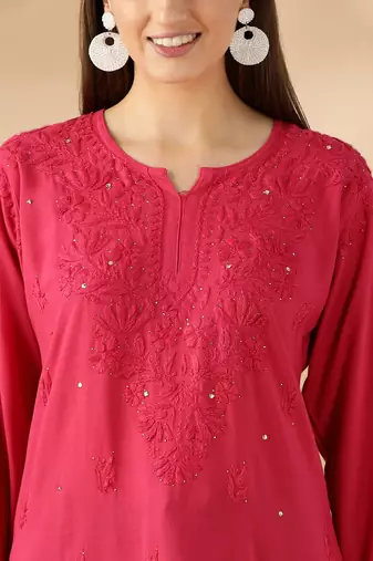 Chickenkari embroidered thread work cotton straight short kurta