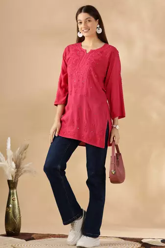 Chickenkari embroidered thread work cotton straight short kurta