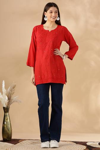Chickenkari embroidered thread work cotton straight short kurta