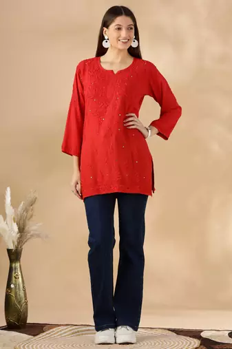 Chickenkari embroidered thread work cotton straight short kurta