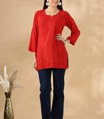 Chickenkari embroidered thread work cotton straight short kurta