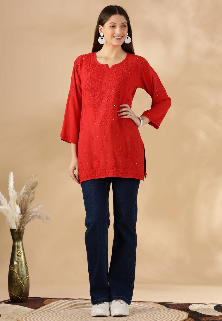 Chickenkari embroidered thread work cotton straight short kurta