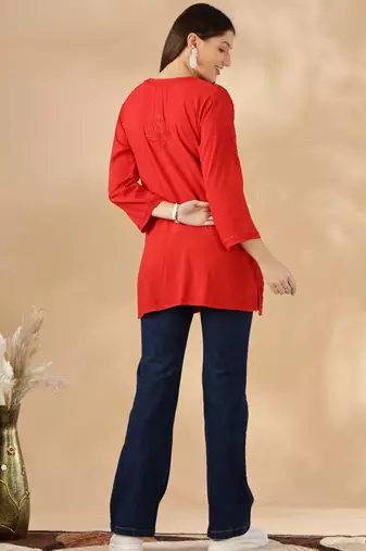 Chickenkari embroidered thread work cotton straight short kurta