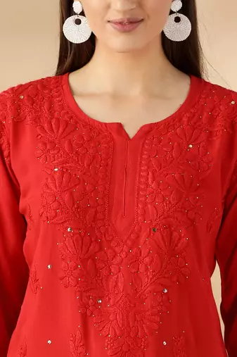 Chickenkari embroidered thread work cotton straight short kurta