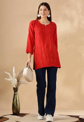 Chikankari embroidered thread work cotton straight short kurta 4