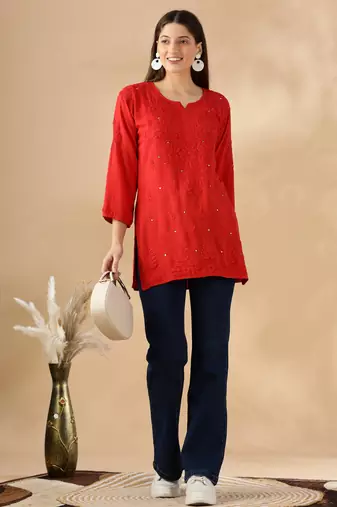 Chickenkari embroidered thread work cotton straight short kurta