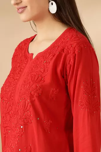 Chickenkari embroidered thread work cotton straight short kurta