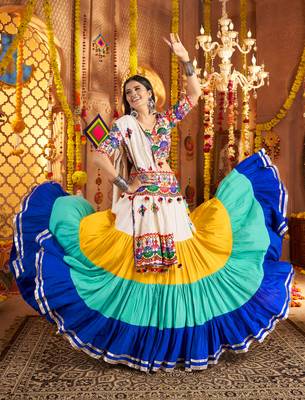 MULTICOLOR THREAD EMBROIDERED MIRROR WORK STITCHED lehenga choli 1