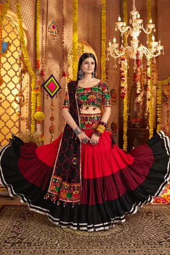 BLACK RED THREAD EMBROIDERED MIRROR WORK STITCHED lehenga choli