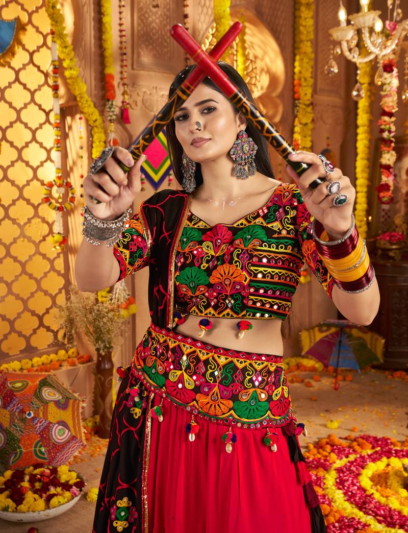 BLACK RED THREAD EMBROIDERED MIRROR WORK STITCHED lehenga choli
