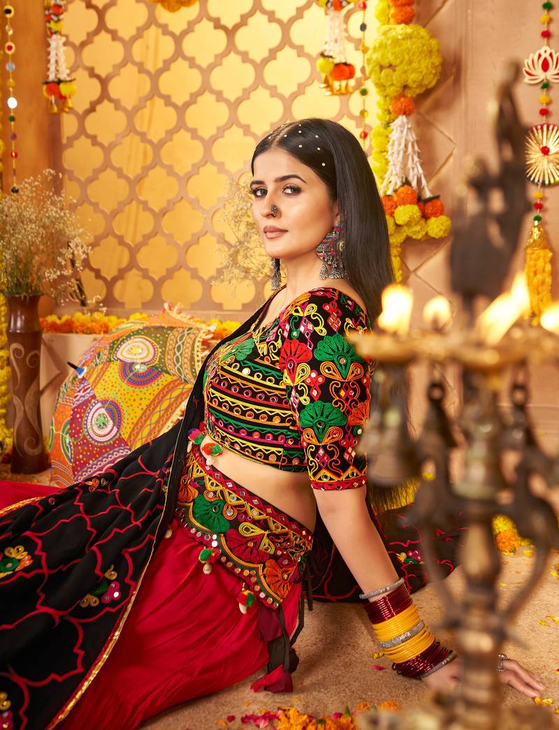 BLACK RED THREAD EMBROIDERED MIRROR WORK STITCHED lehenga choli