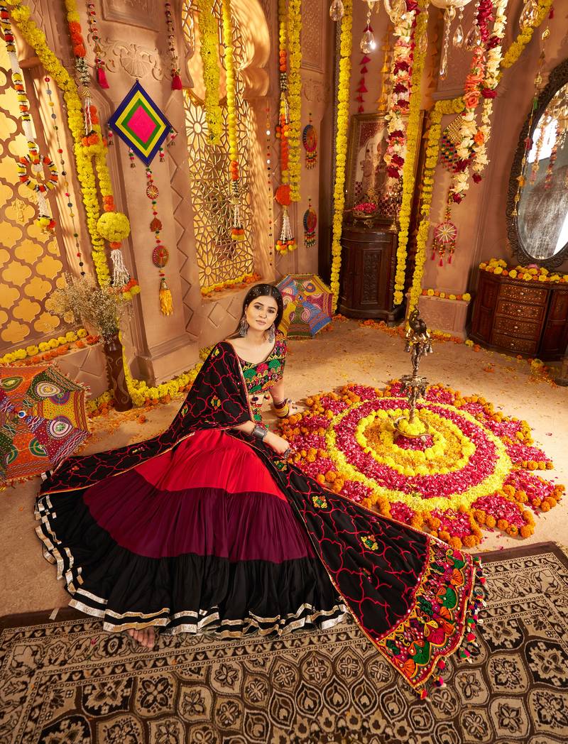 BLACK RED THREAD EMBROIDERED MIRROR WORK STITCHED lehenga choli