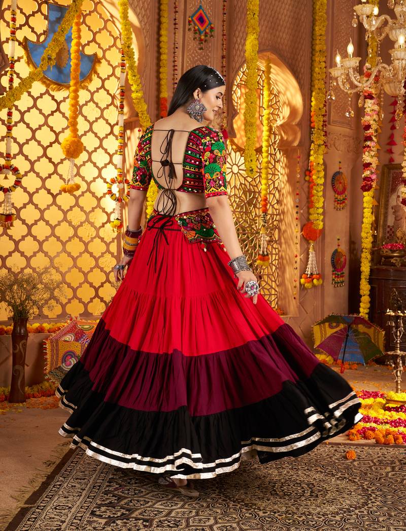 BLACK RED THREAD EMBROIDERED MIRROR WORK STITCHED lehenga choli