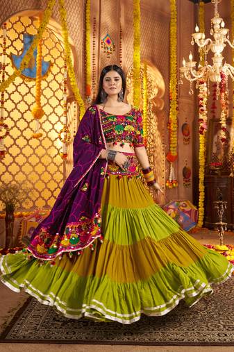 GREEN PURPLE THREAD EMBROIDERED MIRROR WORK STITCHED Lehenga choli