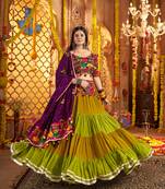 GREEN PURPLE THREAD EMBROIDERED MIRROR WORK STITCHED Lehenga choli