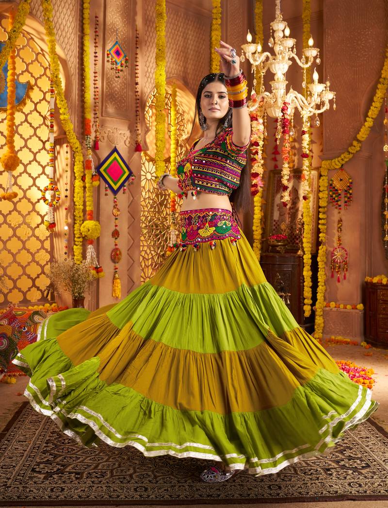 GREEN PURPLE THREAD EMBROIDERED MIRROR WORK STITCHED Lehenga choli