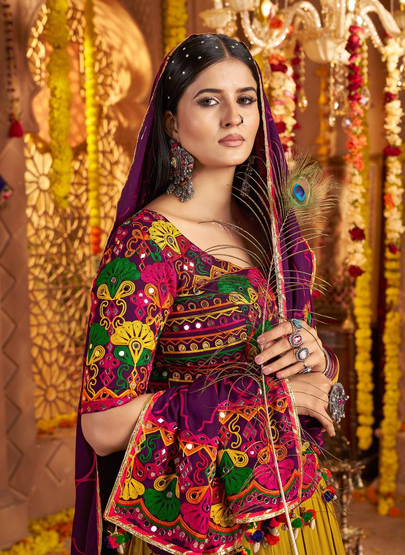 GREEN PURPLE THREAD EMBROIDERED MIRROR WORK STITCHED Lehenga choli