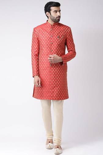 Red woven design indowestern churidar set
