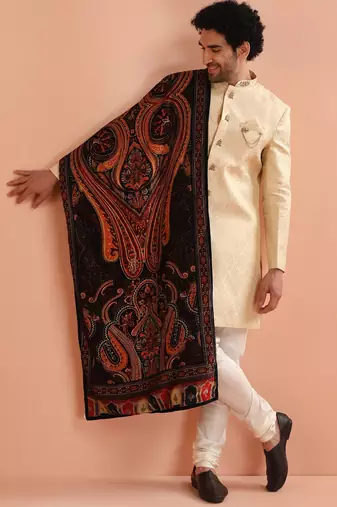 Cream jacquard sherwani churidar set with dupatta