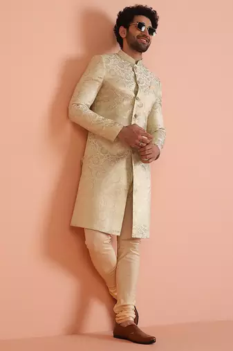 Cream jacquard sherwani churidar set