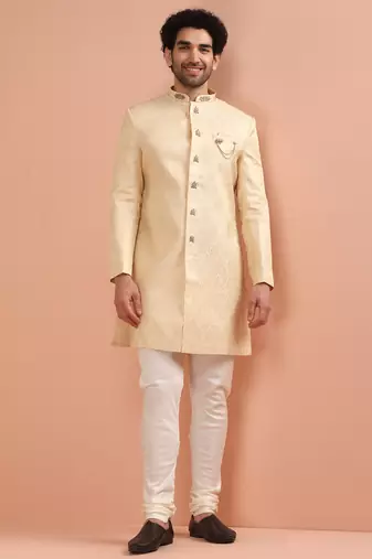 Cream jacquard sherwani churidar set