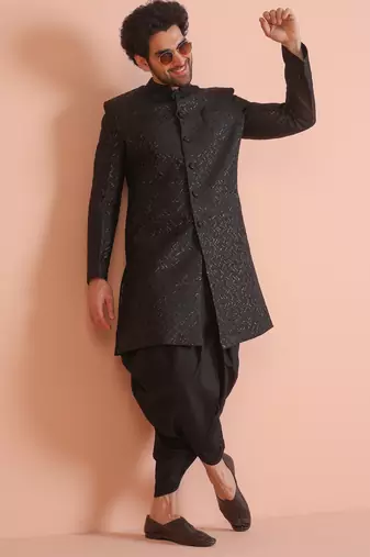 Black woven design sherwani dhoti set