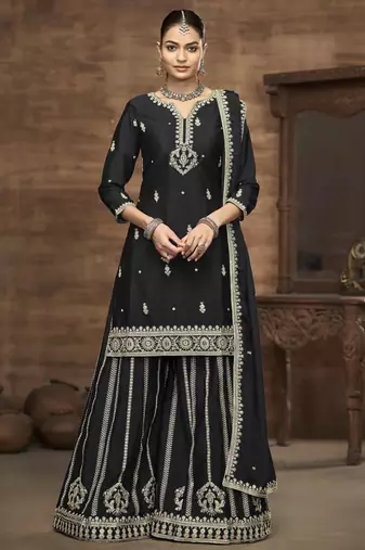 Black chinon heavy thread embroidery, zari with sequins work top palazzo with dupatta