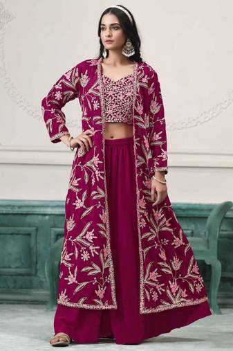 Teal faux georgette embroidery zari with sequins work top blouse with palazzo Full Stitched Free Size