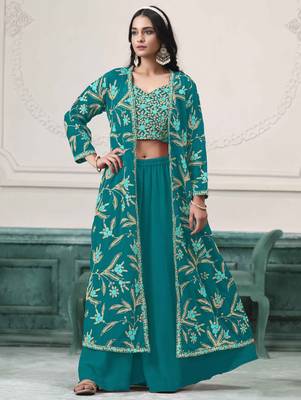 Teal faux georgette embroidery zari with sequins work top blouse with palazzo Full Stitched Free Size 1