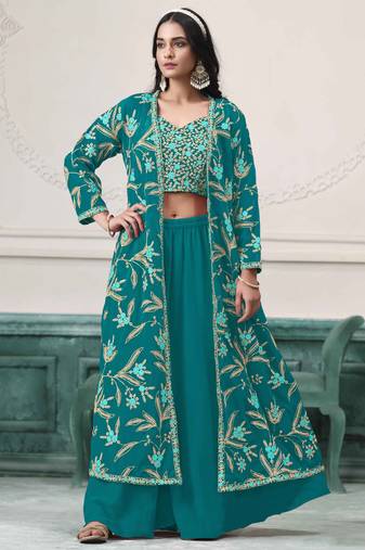 Violet faux georgette embroidery zari with sequins work top blouse with palazzo Full Stitched Free Size