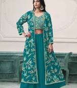 Teal faux georgette embroidery zari with sequins work top blouse with palazzo Full Stitched Free Size
