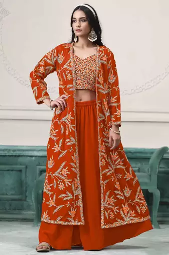 Dark pink art silk embroidery zari work with jacquard bottom top palazzo with dupatta Full Stitched Free Size