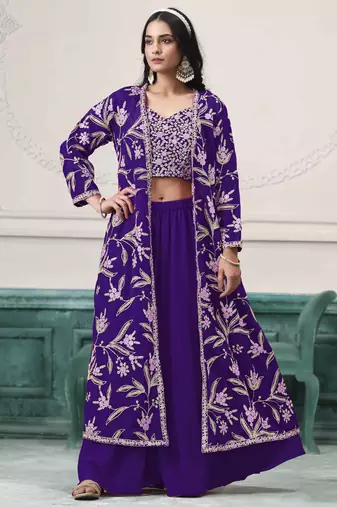 Orange faux georgette embroidery zari with sequins work top blouse with palazzo Full Stitched Free Size