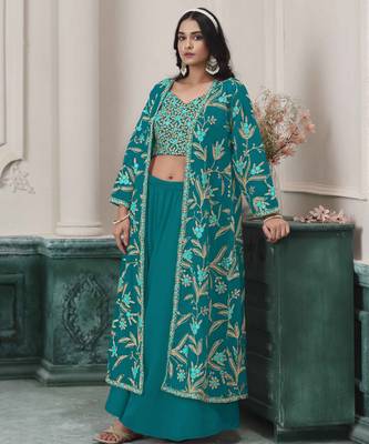 Teal faux georgette embroidery zari with sequins work top blouse with palazzo Full Stitched Free Size 2