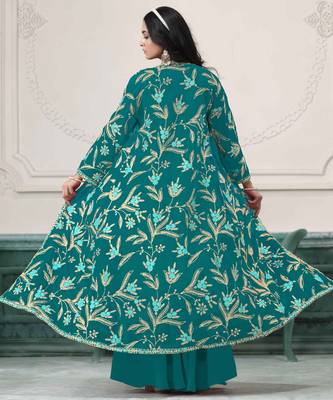 Teal faux georgette embroidery zari with sequins work top blouse with palazzo Full Stitched Free Size 3