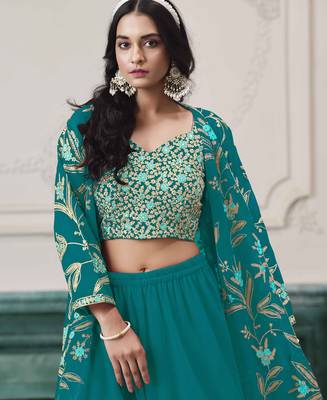 Teal faux georgette embroidery zari with sequins work top blouse with palazzo Full Stitched Free Size 4