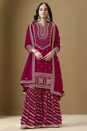 Purple art silk embroidery zari work with jacquard bottom top palazzo with dupatta Full Stitched Free Size