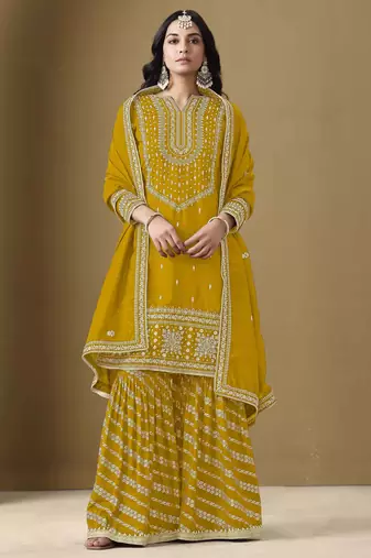 Maroon faux georgette embroidery zari work top sharara with dupatta Full Stitched Free Size