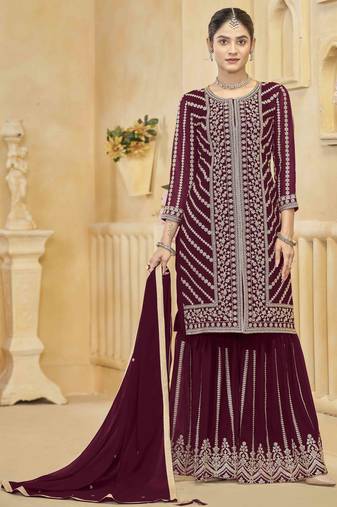 Navy blue faux georgette embroidery zari work top sharara with dupatta Full Stitched Free Size