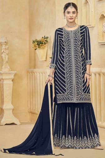 Purple faux georgette embroidery zari work top sharara with dupatta Full Stitched Free Size