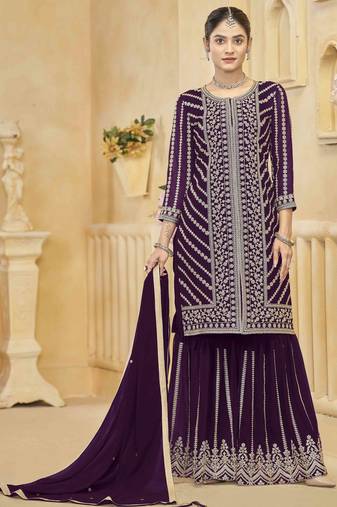 Green faux georgette embroidery zari work top sharara with dupatta Full Stitched Free Size