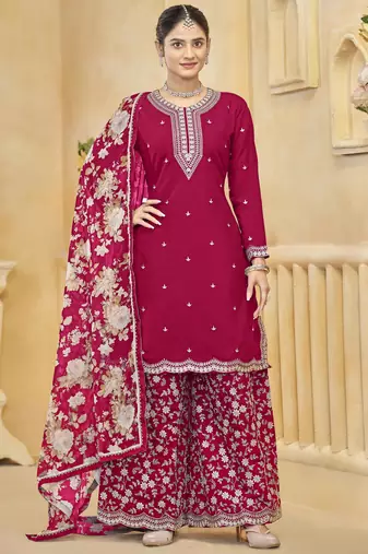 Navy blue roman silk embroidery zari work with printed dupatta top palazzo with dupatta Full Stitched Free Size