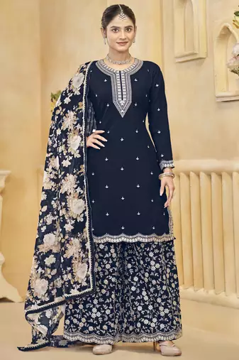 Purple silk embroidery zari work with printed dupatta top palazzo with dupatta-Full Stitched Free Size