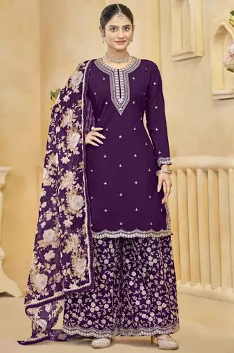 Black silk thread embroidery zari work with printed dupatta top palazzo with dupatta- Full Stitched Free Size