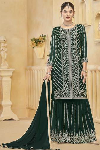 Rani pink roman silk embroidery zari work with printed dupatta top palazzo with dupatta Full Stitched Free Size