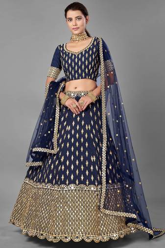 Stunning Navy Blue Foil Mirror Work Silk Party Wear Lehenga Choli With Dupatta