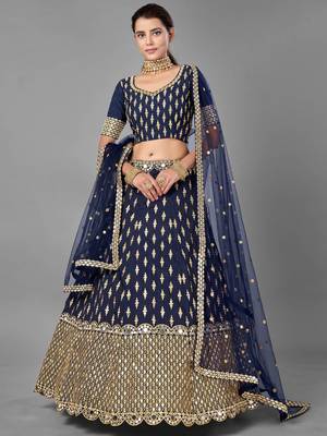 navy blue silk zari work lehenga set choli with dupatta 1