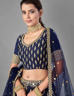navy blue silk zari work lehenga set choli with dupatta 2