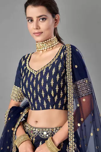 navy blue silk zari work lehenga set choli with dupatta